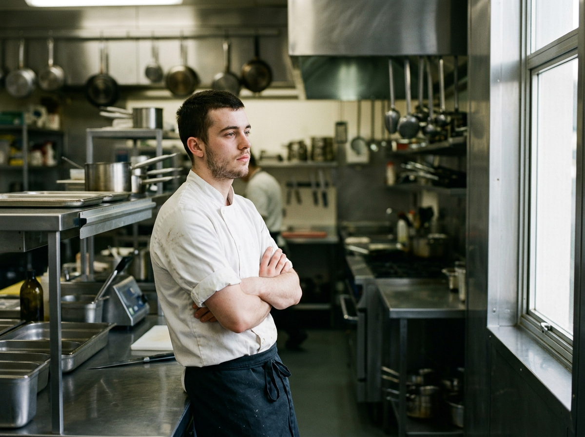 Image générée : un commis les bras croisés dans une cuisine professionnelle, le matin, le regard tourné vers la fenêtre.
