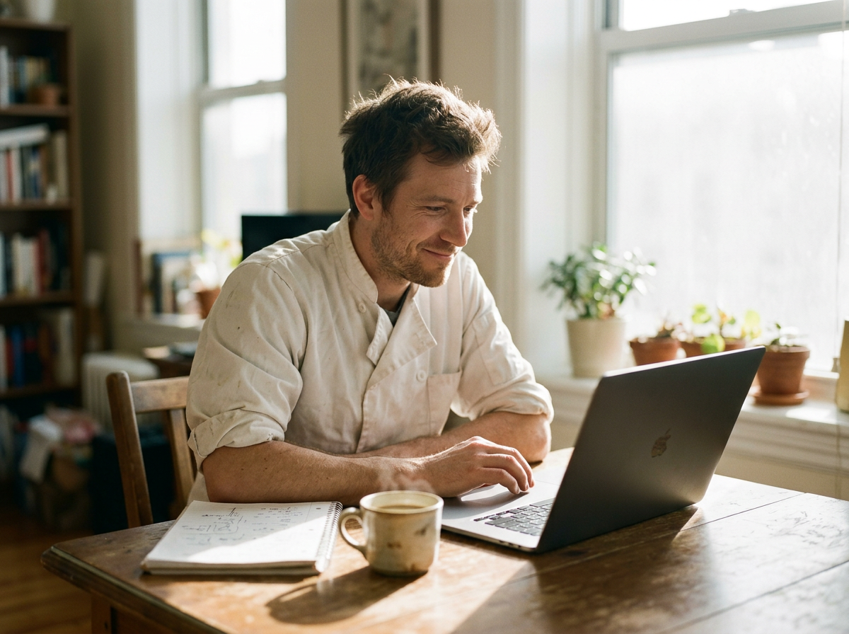 Image générée : un cuisinier en veste blanche devant un ordinateur portable, à une table près d’une fenêtre, un léger sourire.