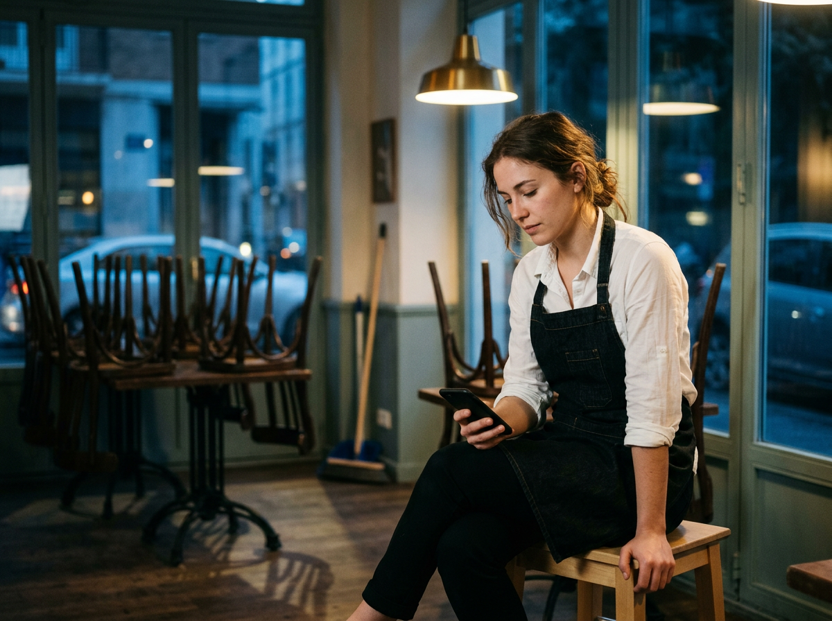 Image générée : une serveuse en tablier assise dans une salle de bistrot vide après le service, le regard sur son téléphone.